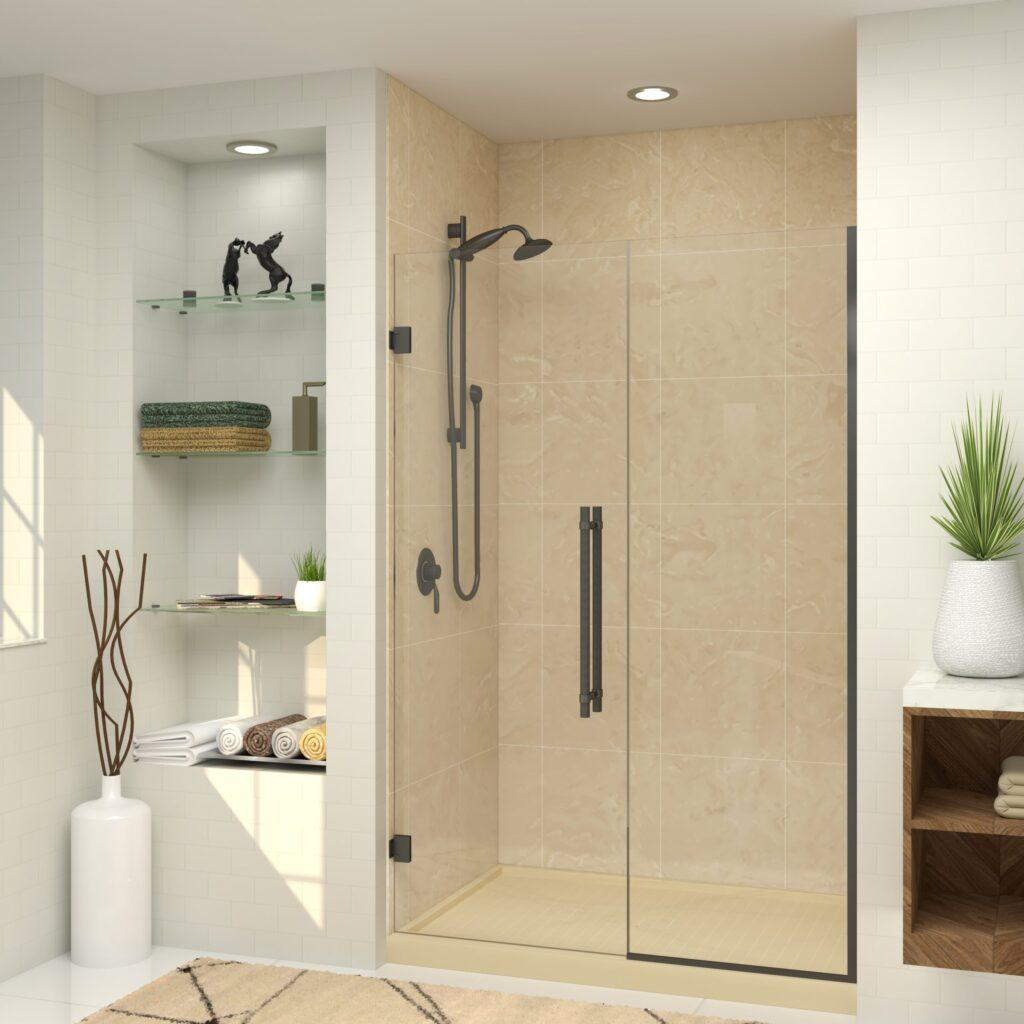 A bathroom with a walk-in shower