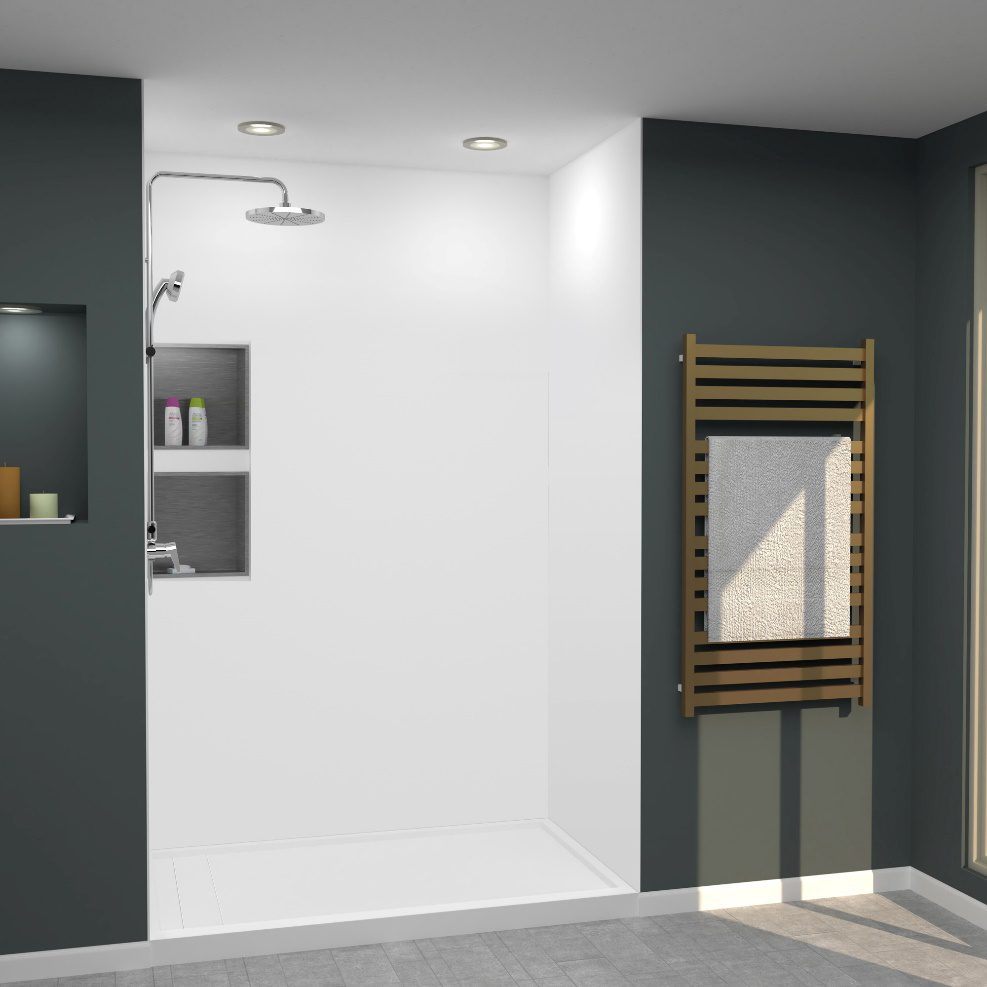 A dark themed bathroom with dark blue walls, white shower stall, and silver fixtures.
