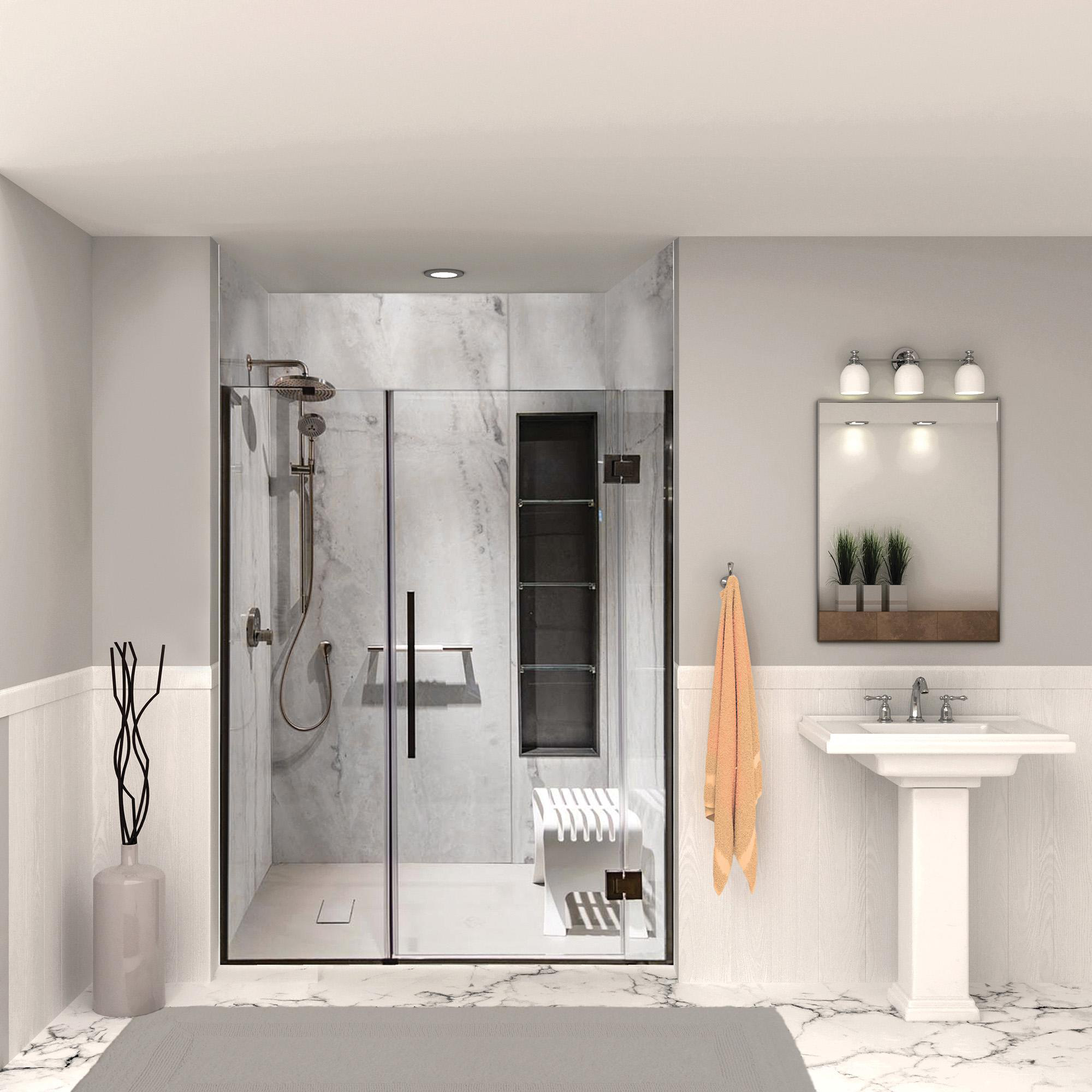 A sleek white bathroom with a shower stall, high-tech showerheads, grab bars, recessed shelves, a bench, and marble flooring.