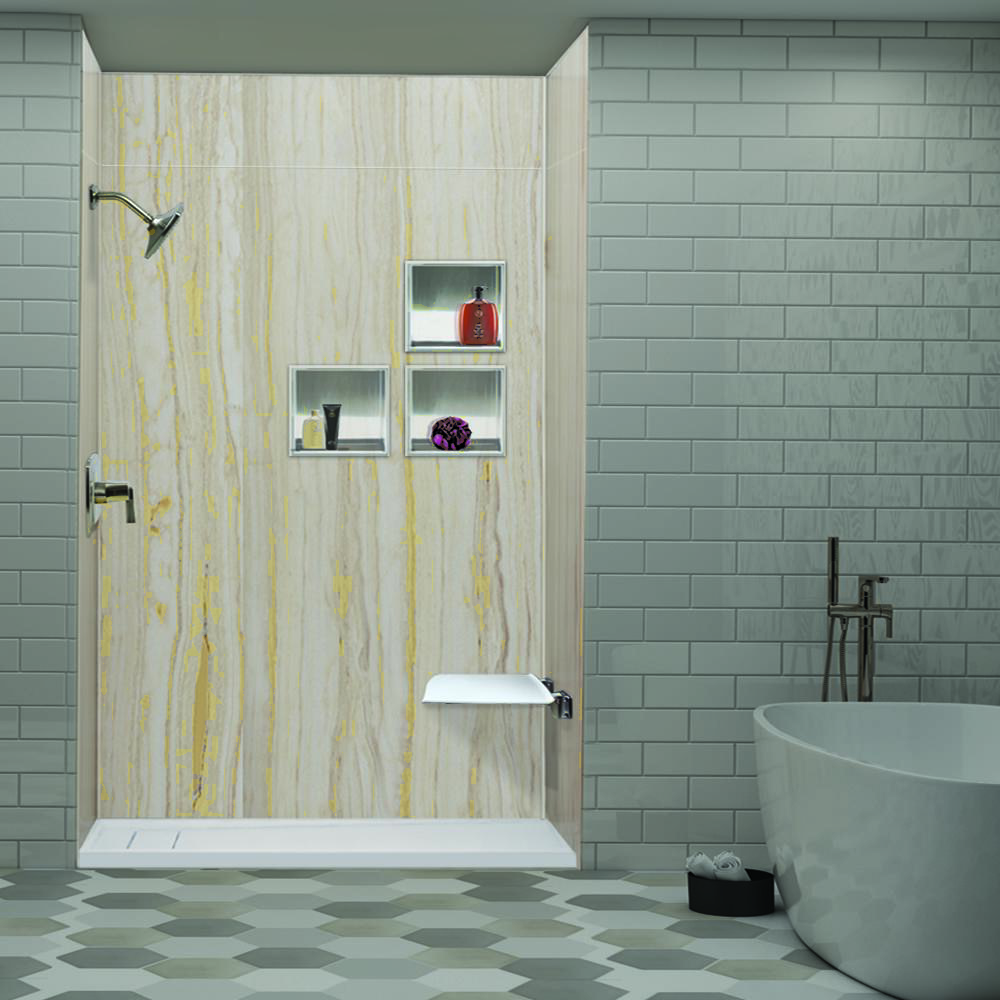 Beige-themed washroom with a wood design shower stall, a built-in bench and recessed shelves, a bathtub, and silver fixtures.