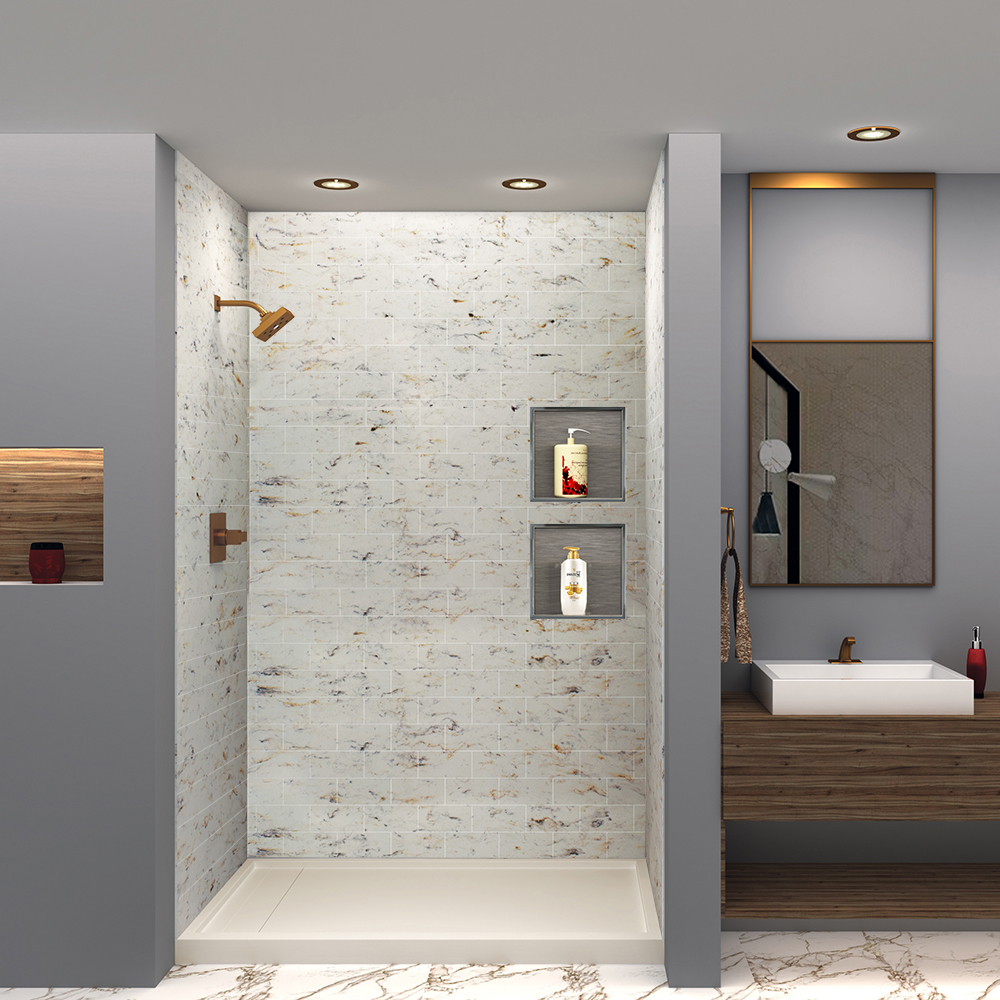 Image of a bathroom with a modern shower stall with recessed shelves and gold fixtures.