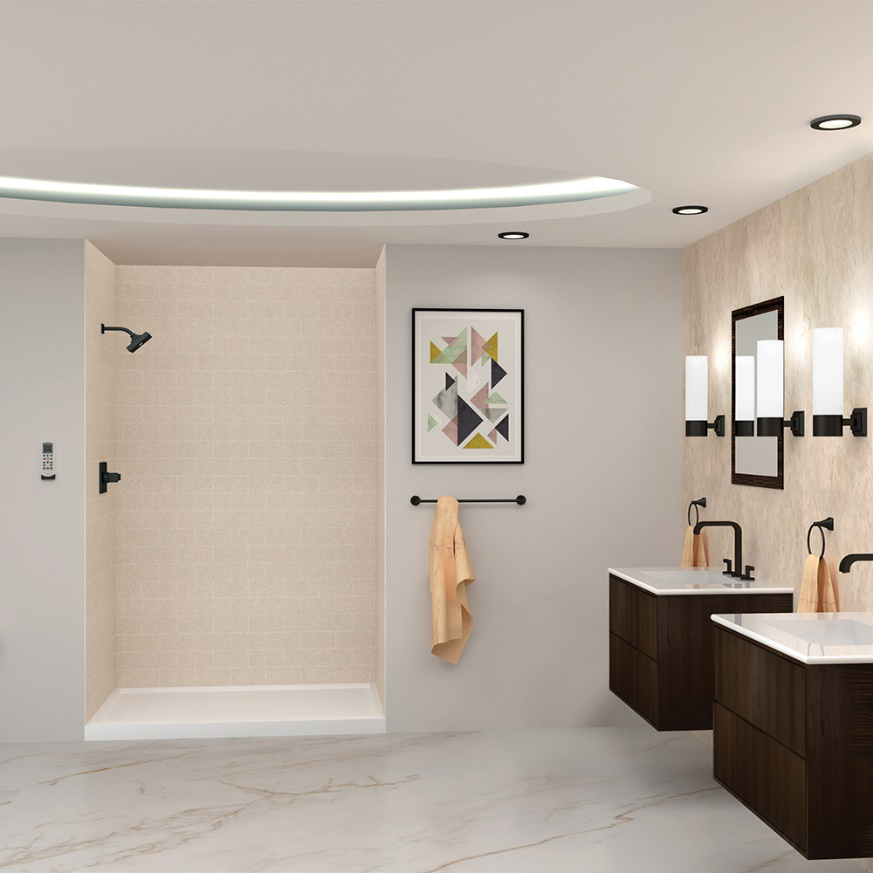 Image of a bright washroom with a shower stall, two vanities with mirrors over it, and black fixtures.