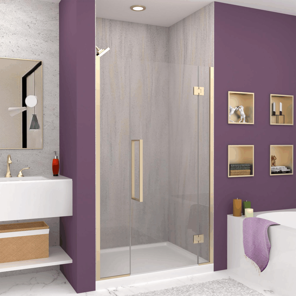Image of a purple-themed bathroom with a shower stall and gold fixtures.
