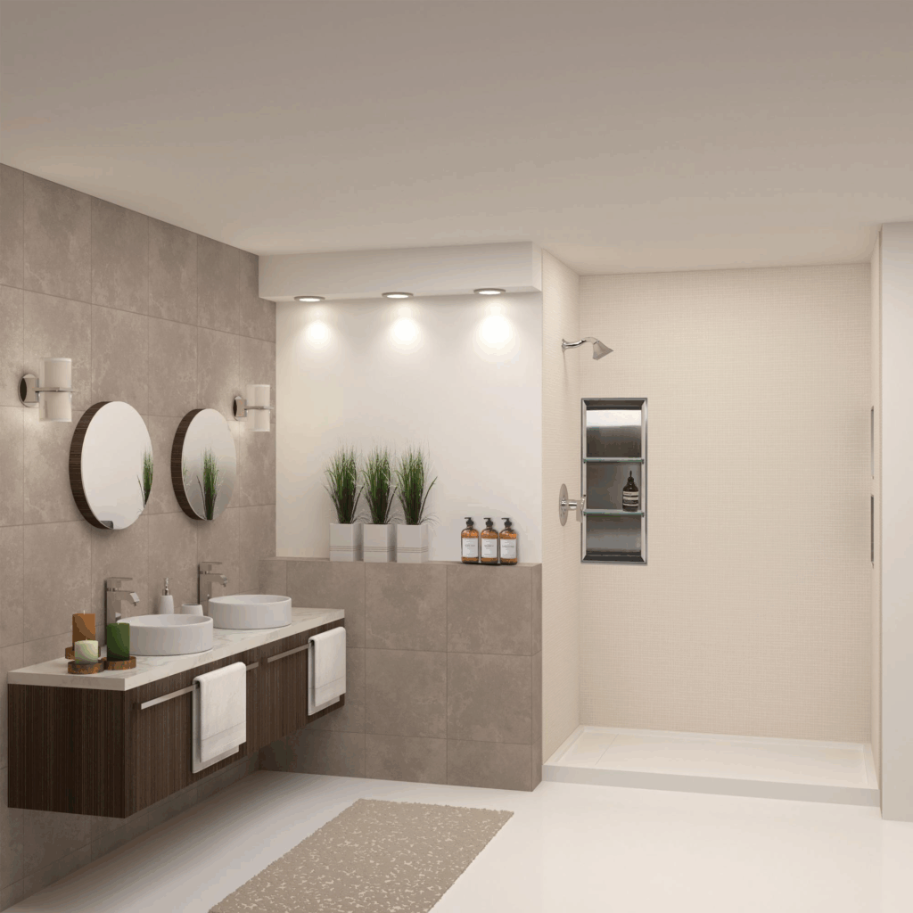 Modern bathroom with a double vanity, round mirrors, recessed lighting, and a spacious shower. Neutral tones and plants create a calming atmosphere.