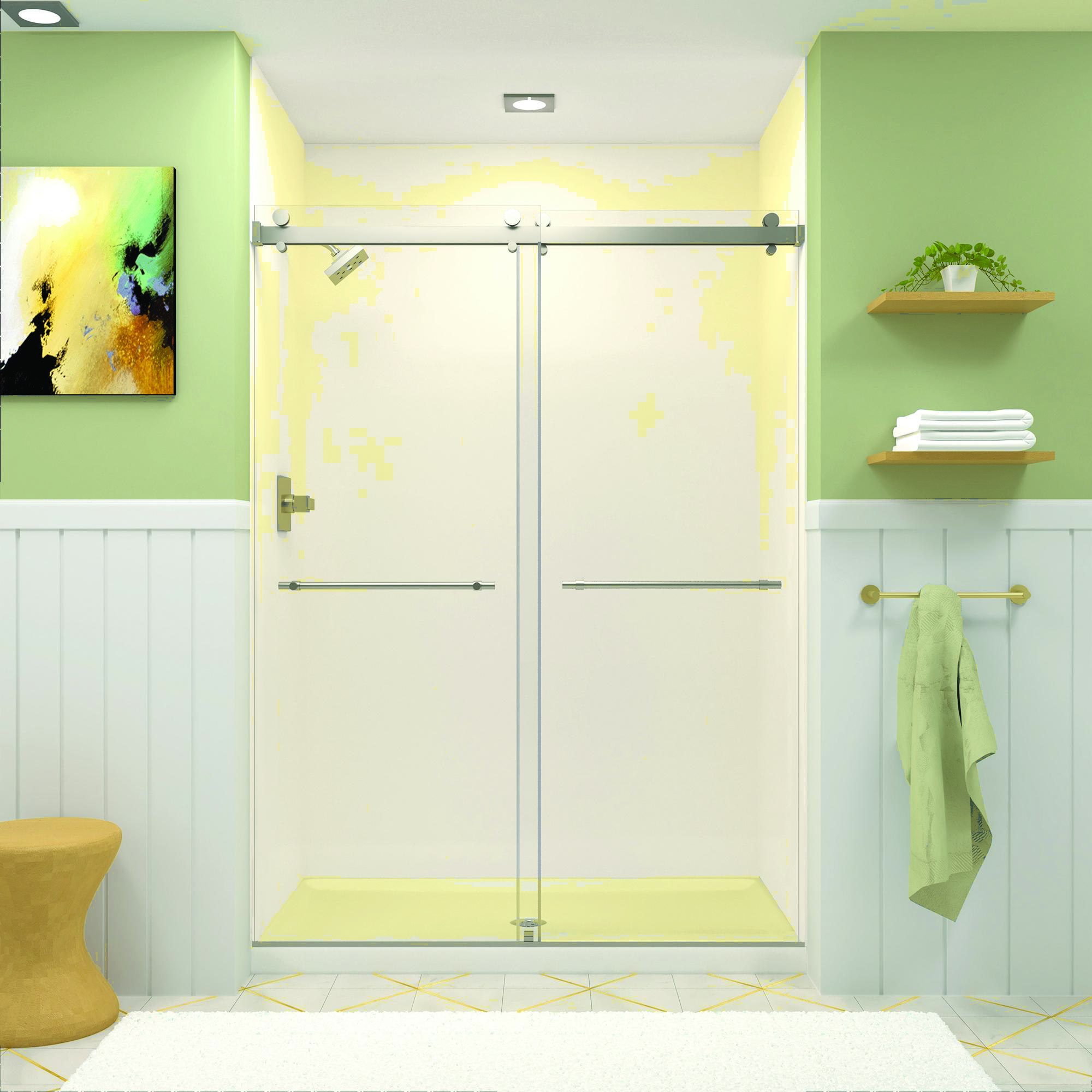 Modern light-themed bathroom with a shower stall, decorative pieces, and silver fixtures.