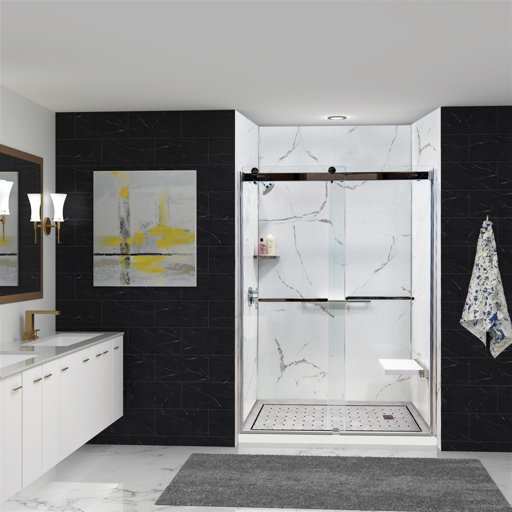 Sleek modern bathroom with black accent walls, marble flooring, and a shower stall with a bench, vanity, and a mirror.