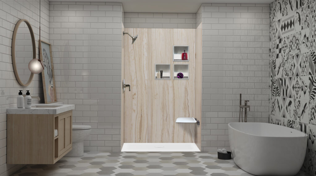 a bathroom with a shower and bathtub
