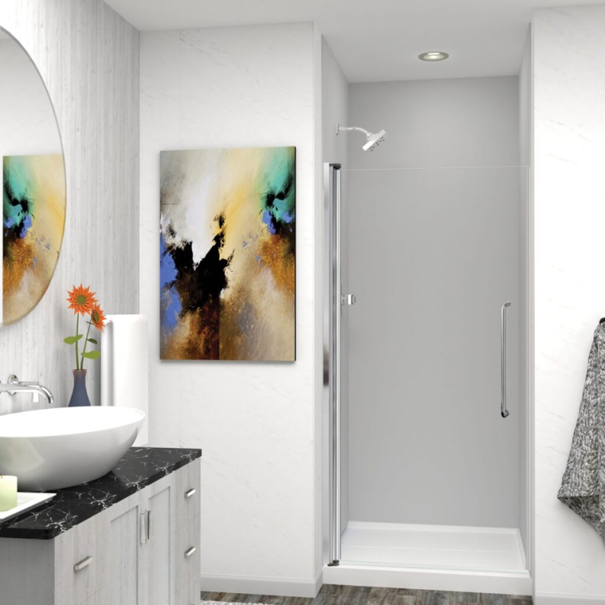 sink with built-in storage space next to a walk-in shower