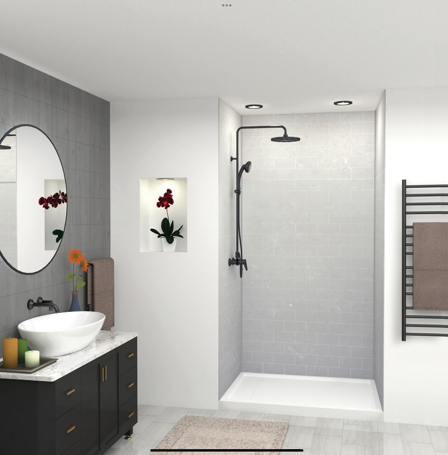 A bathroom with a walk-in shower..