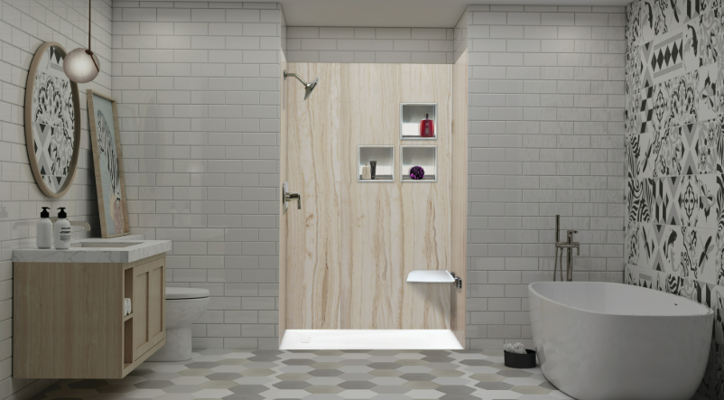 A modern bathroom with a shower and bathtub in Rye Brook