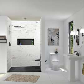 A walk-in shower space in a bathroom