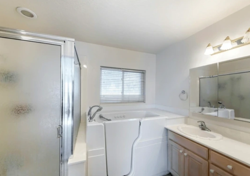 Bathroom with a walk-in tub installed beside a vanity and shower enclosure