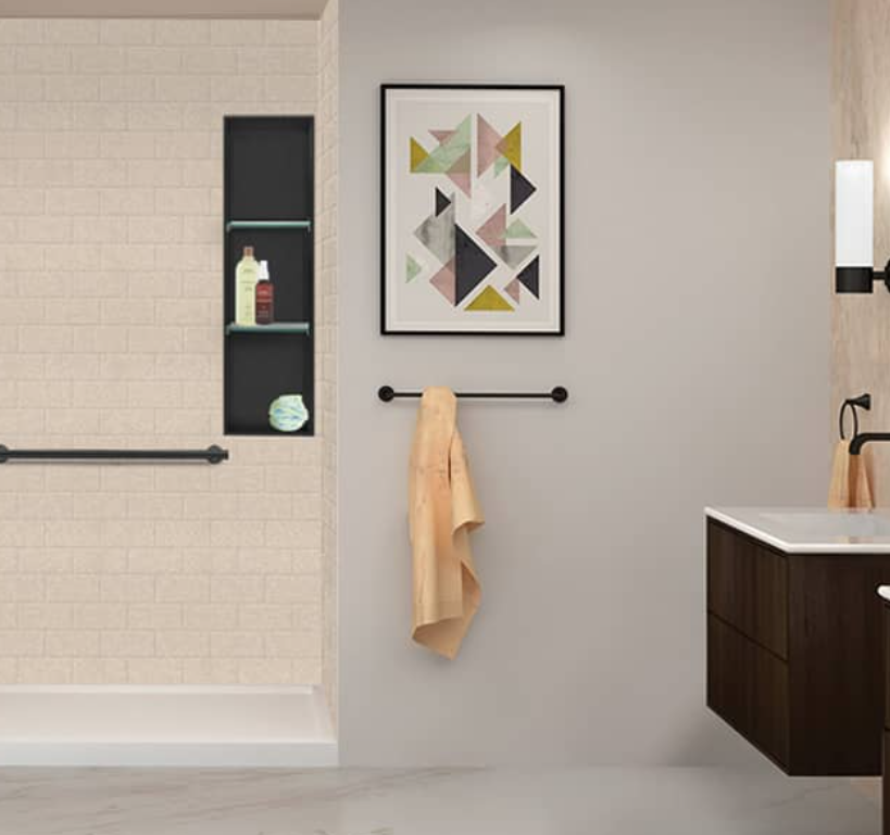 Bathroom with walk-in shower, grab bars, and modern vanity