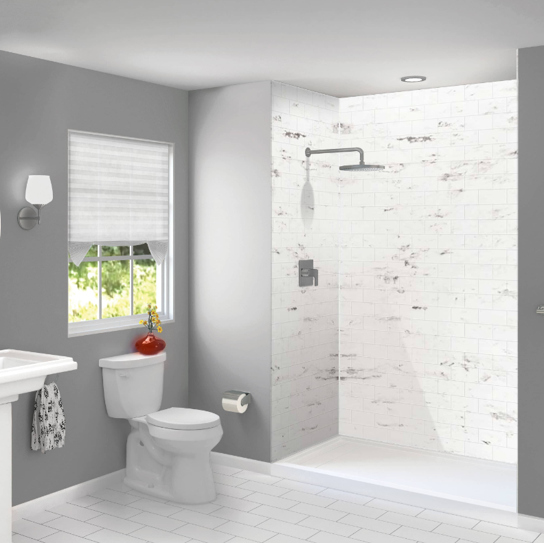 Bathroom with walk-in shower, tiled walls, and low-threshold entry