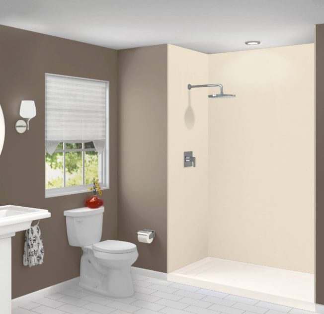 Bathroom with walk-in shower, toilet, and neutral wall colors