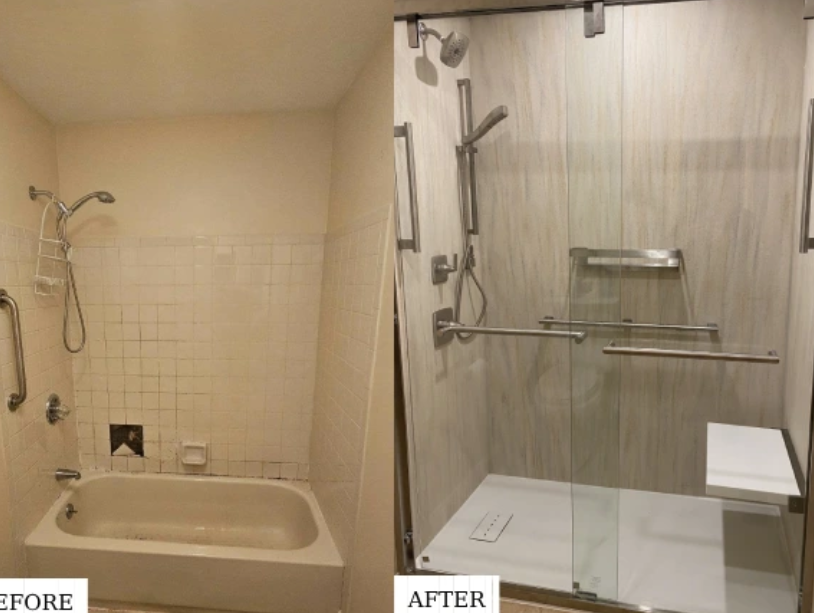 Before and after view of a bathtub converted into a walk-in shower
