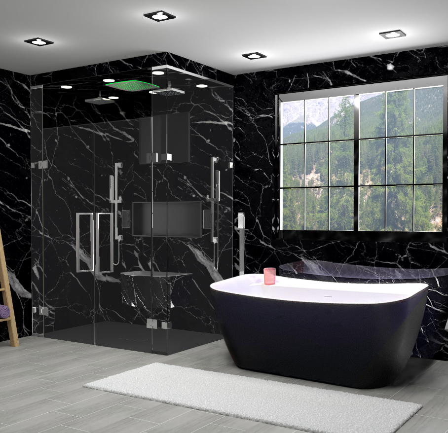 Modern bathroom with black marble shower, glass enclosure, and freestanding tub