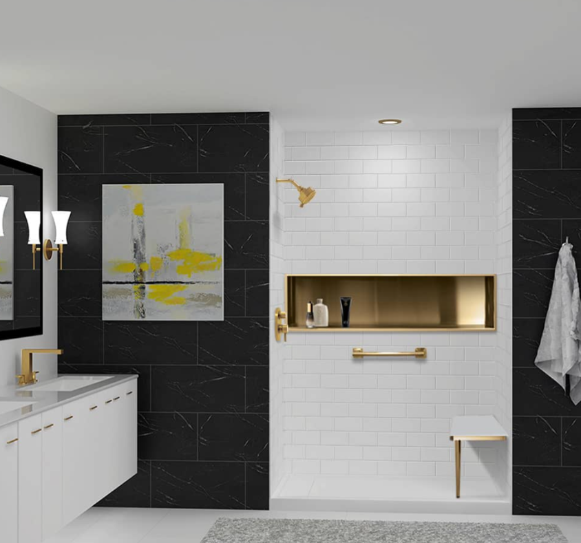Modern bathroom with walk-in shower, black tile accents, and gold fixtures