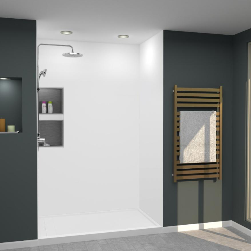 Modern bathroom with walk-in shower, glass enclosure, and updated fixtures.