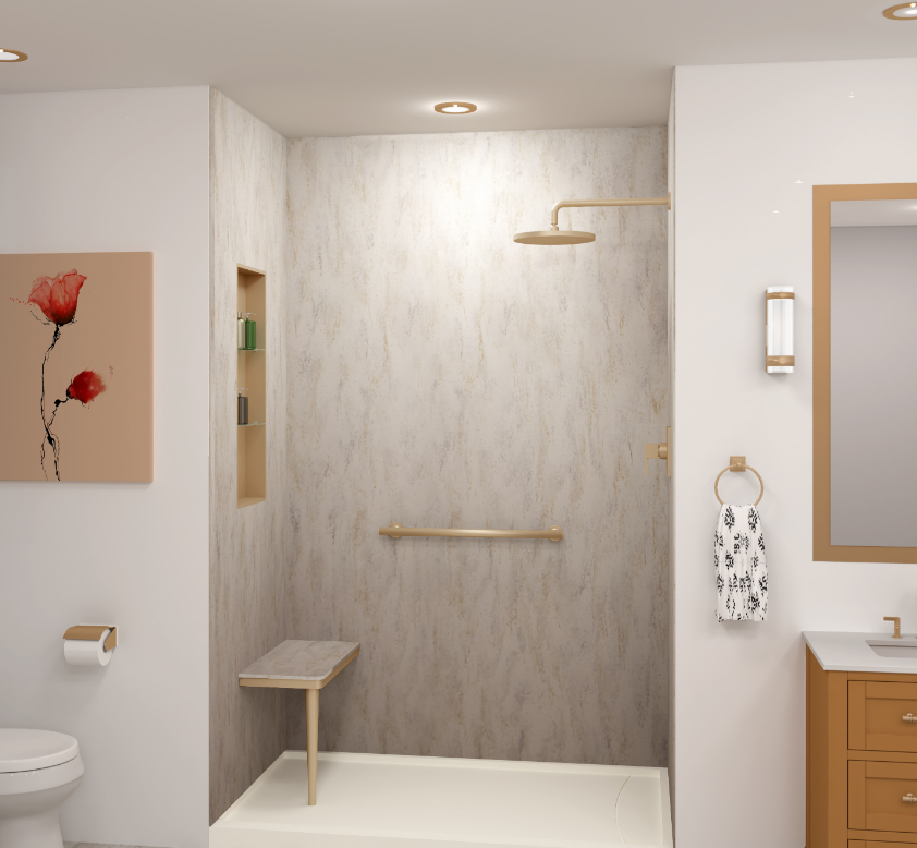 Walk-in shower with built-in bench, grab bar, and neutral wall finishes