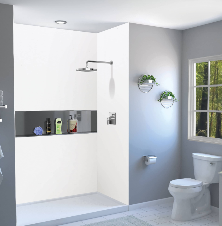 Walk-in shower with built-in niche, modern fixtures, and toilet nearby