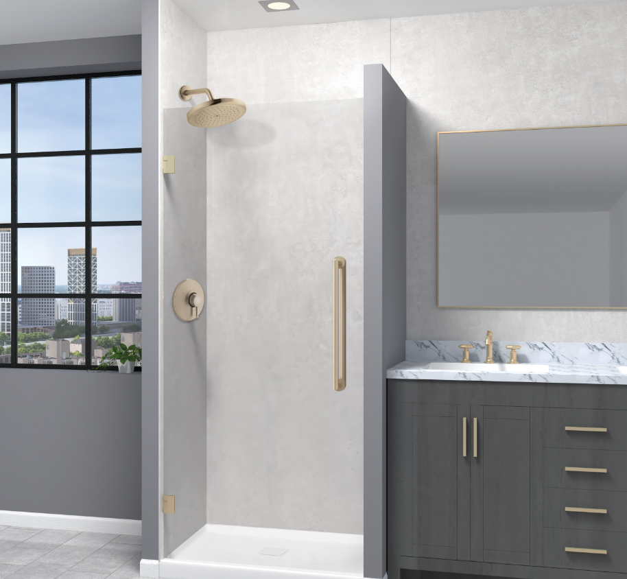 Walk-in shower with gold fixtures, glass panel, and custom vanity