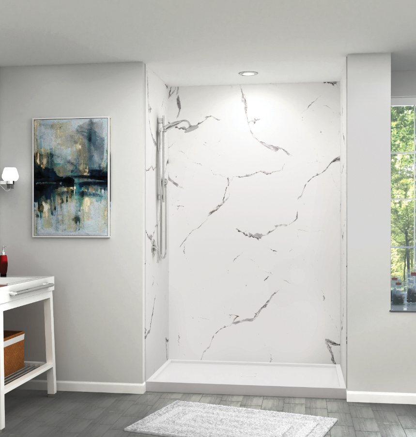 Walk-in shower with marble-style wall panels and low-threshold base