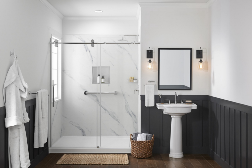 A bathroom with a walk-in shower