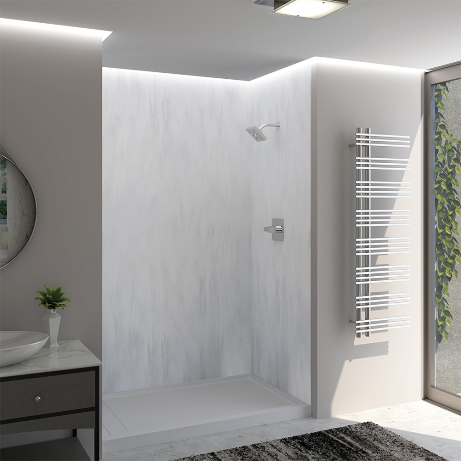A bathroom with a walk-in shower