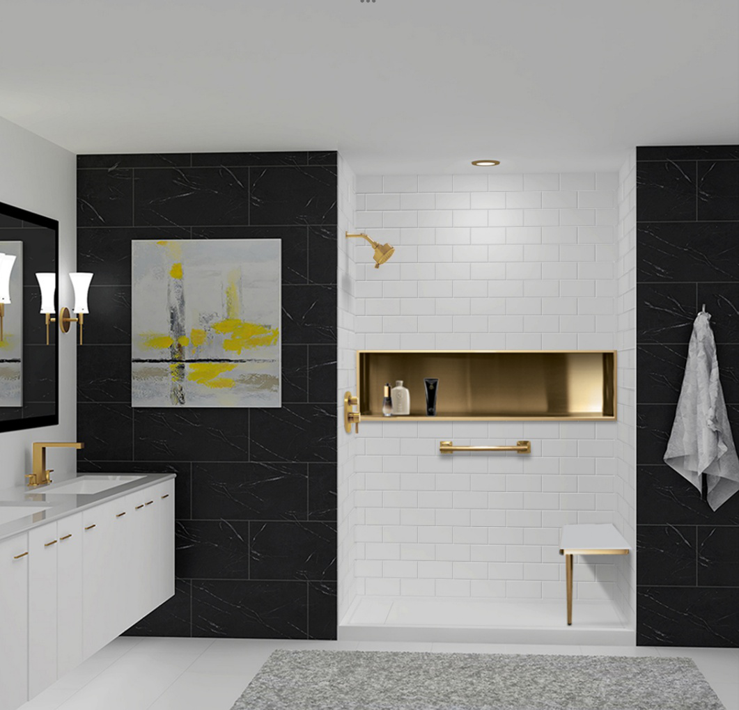 A bathroom with a walk-in shower