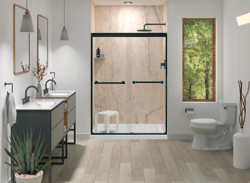 An image of 3D modern bathroom design.