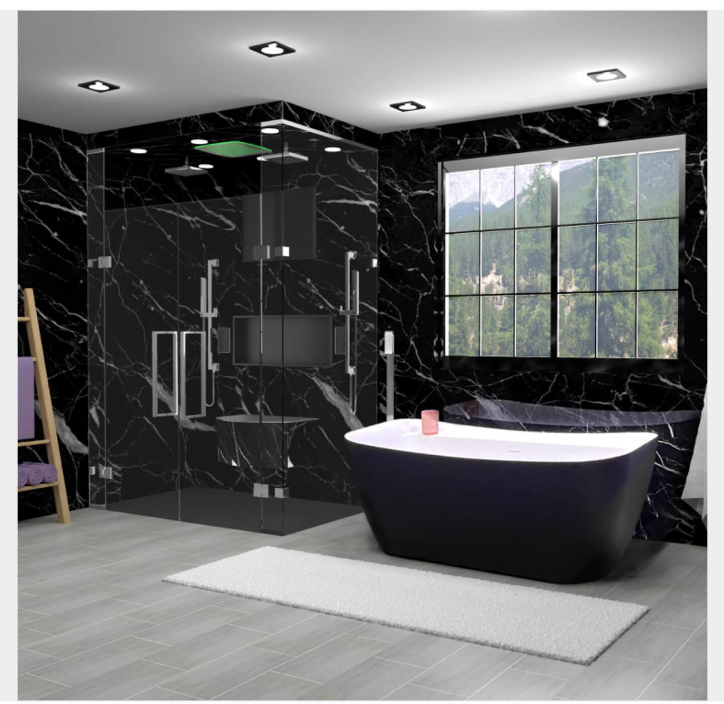 An image of a black-themed bathroom with a bathtub and glass shower stall.
