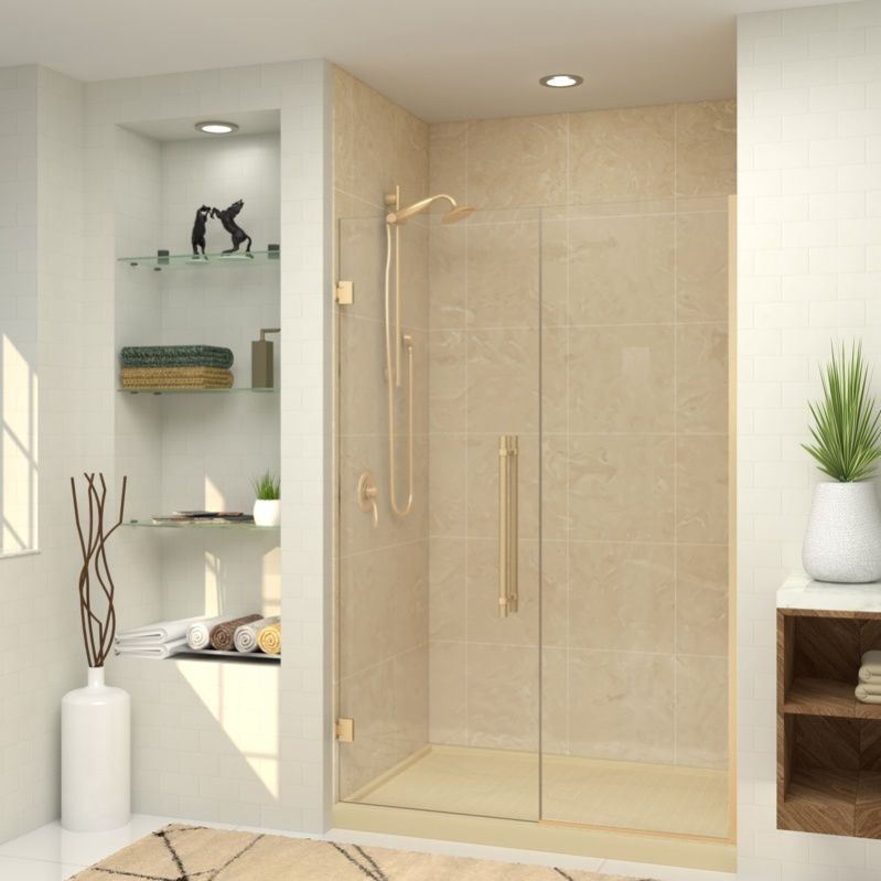 Contemporary bathroom design with warm tones and large-format tiles