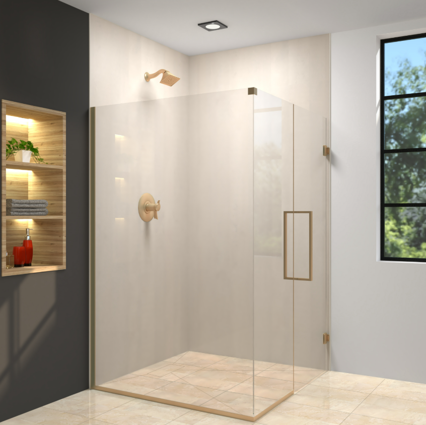 Elegant glass-enclosed shower with gold fixtures and built-in shelving in a modern bathroom.