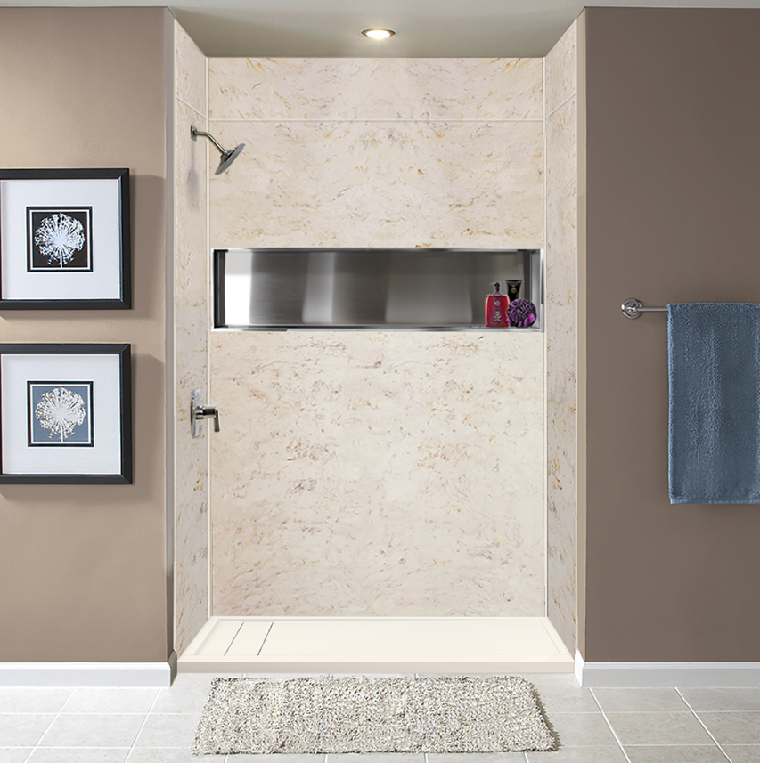 Elegant marble walk-in shower with built-in shelf and chrome fixtures.