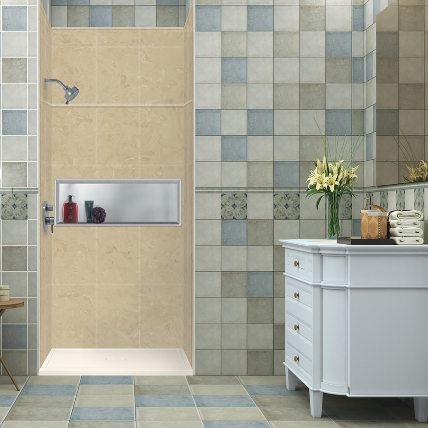 Elegant tiled shower with beige stone walls and built-in shelving beside a classic white vanity.