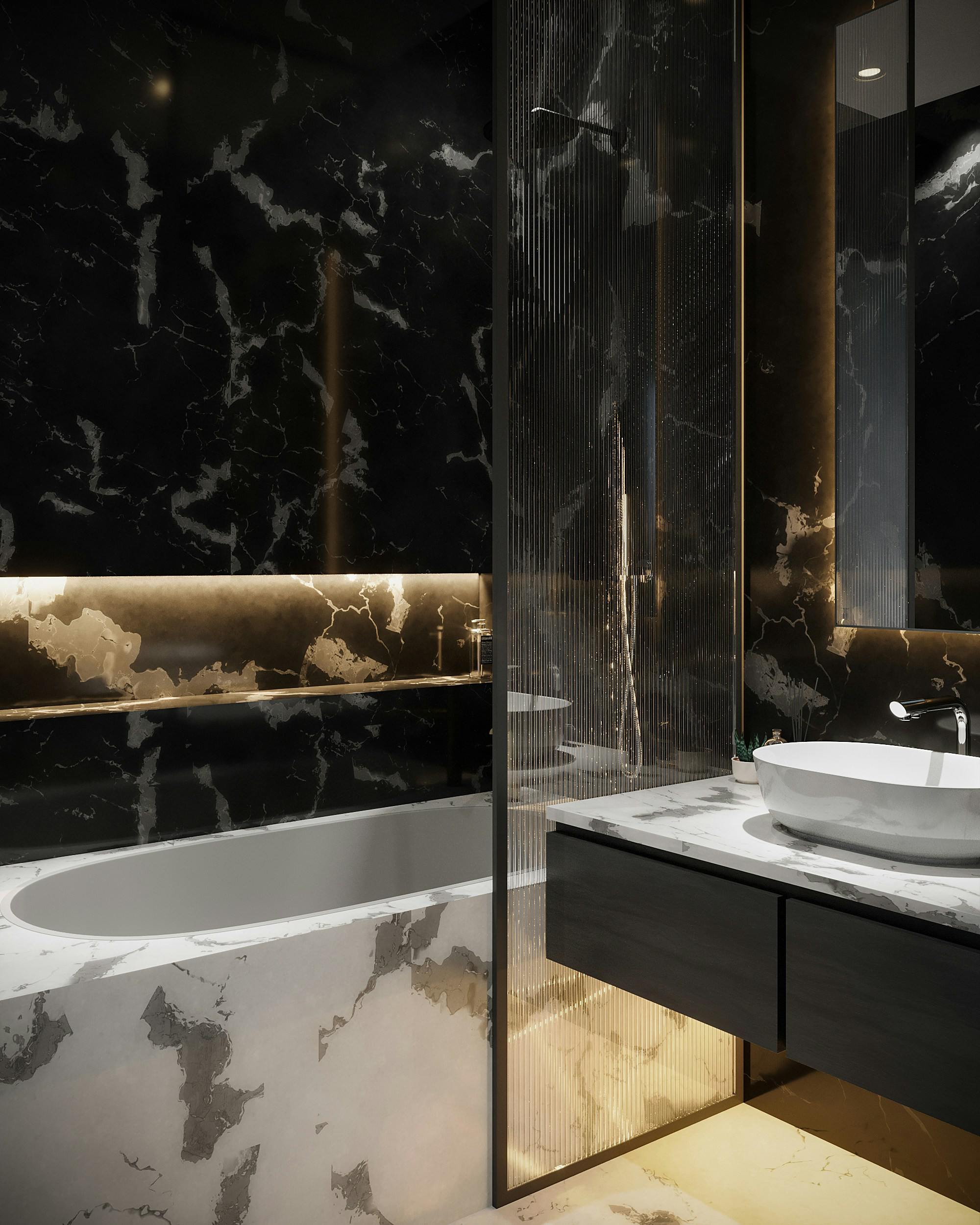Luxury bathroom with black marble walls, freestanding tub, glass shower partition, and floating vanity
