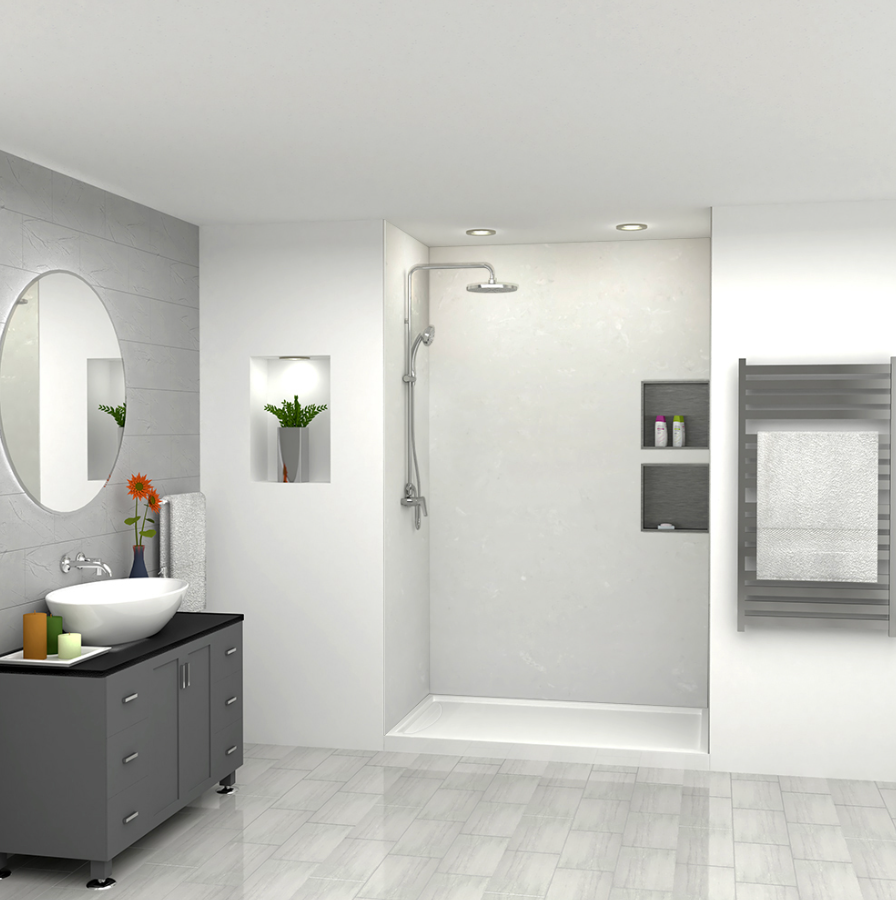 Modern bathroom with a sleek walk-in shower, built-in shelving, and a gray vanity for a minimalist design.
