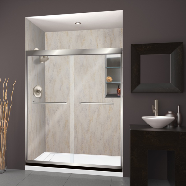 Tub-to-shower conversion in Port Chester featuring a walk-in design and built-in storage