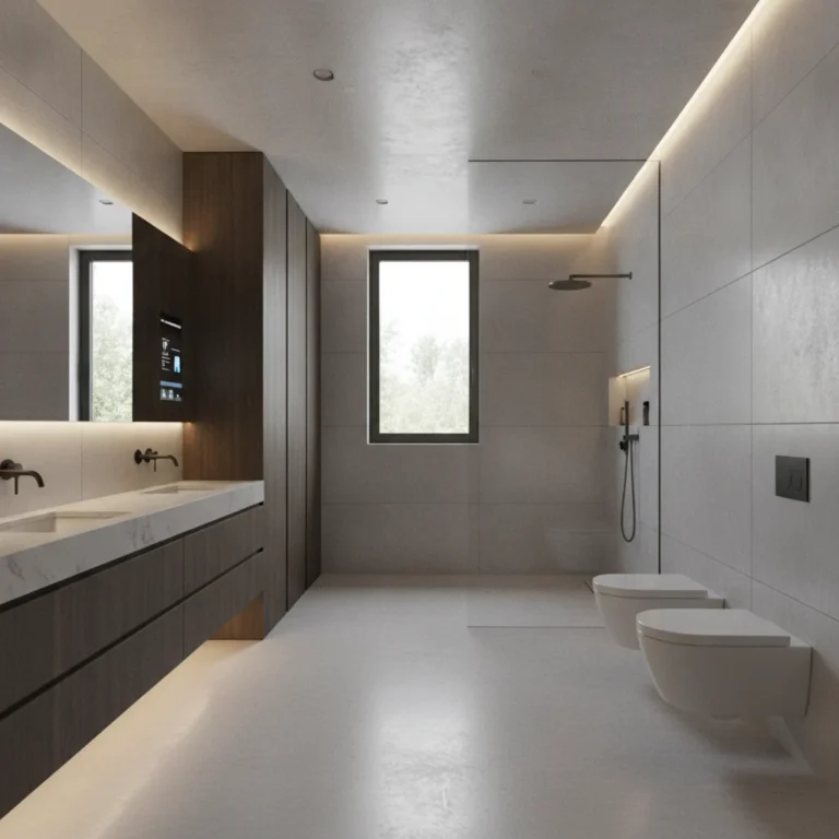 Modern, highly functional bathroom interior in a Mount Kisco home, clean lines, integrated storage, smart lighting, no text, no free standing bathtubs, no watermarks, no awkward layouts, no low ceiling distortion, no competitor logos.
