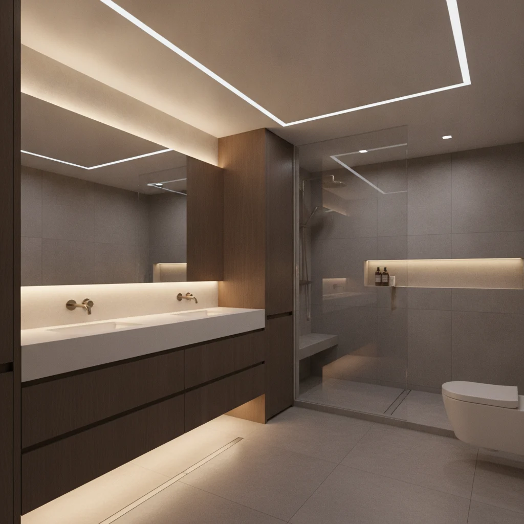 Modern, highly functional bathroom interior in a Mount Kisco home, clean lines, integrated storage, smart lighting, no text, no free standing bathtubs, no watermarks, no awkward layouts, no low ceiling distortion, no competitor logos.
