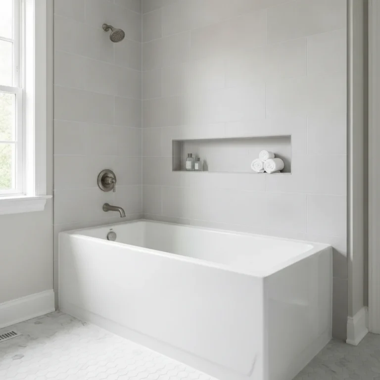 A clean, modern, newly installed acrylic bathtub in a bright, updated bathroom in Ossining, NY. Focus on the sparkling new tub and surrounding tile, no people, no water, no text, no free-standing tub, no dark shadows.