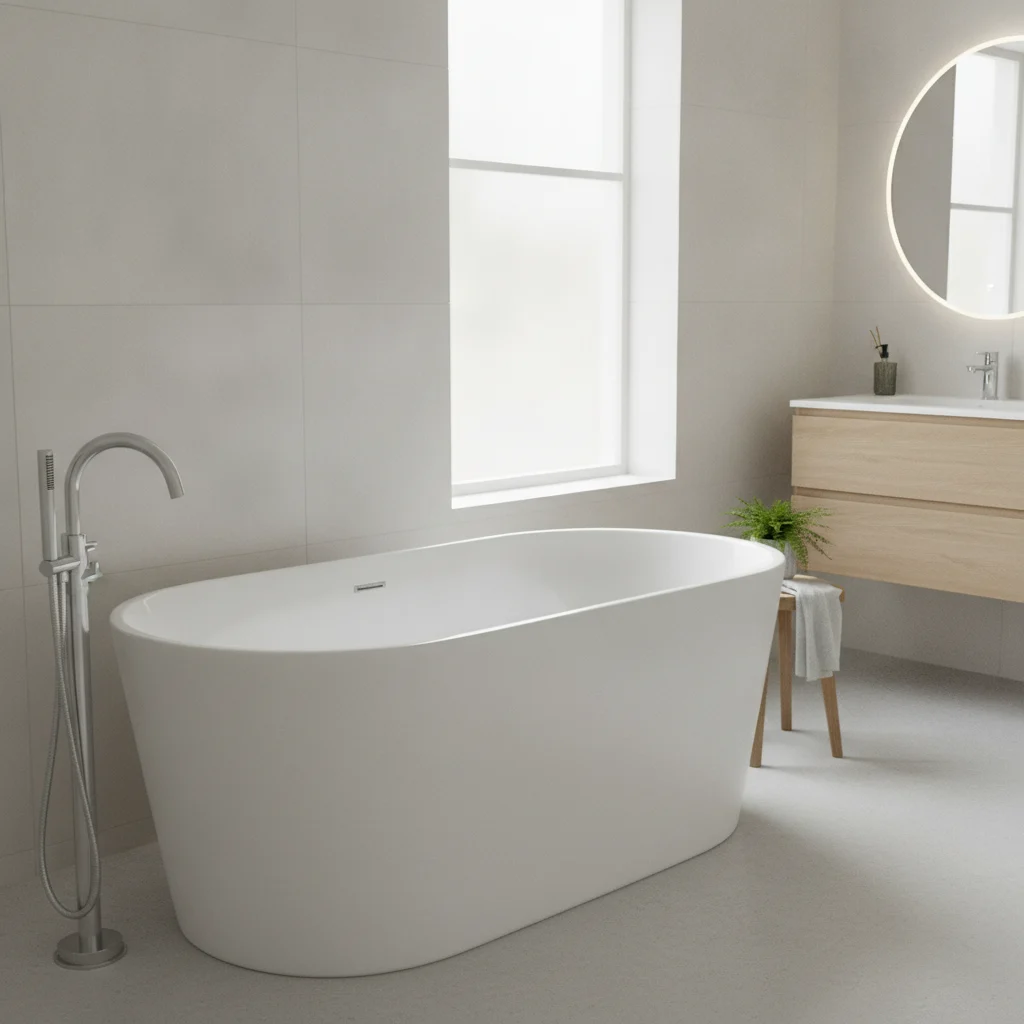 A pristine, modern bathroom in Darien, CT, featuring a newly installed, sparkling white premium acrylic bathtub with contemporary chrome fixtures. The bathroom has clean lines, natural light, and tasteful, minimalist decor, emphasizing the freshness and quality of the new tub. The focus is on the bathtub itself, showcasing its smooth, glossy surface.