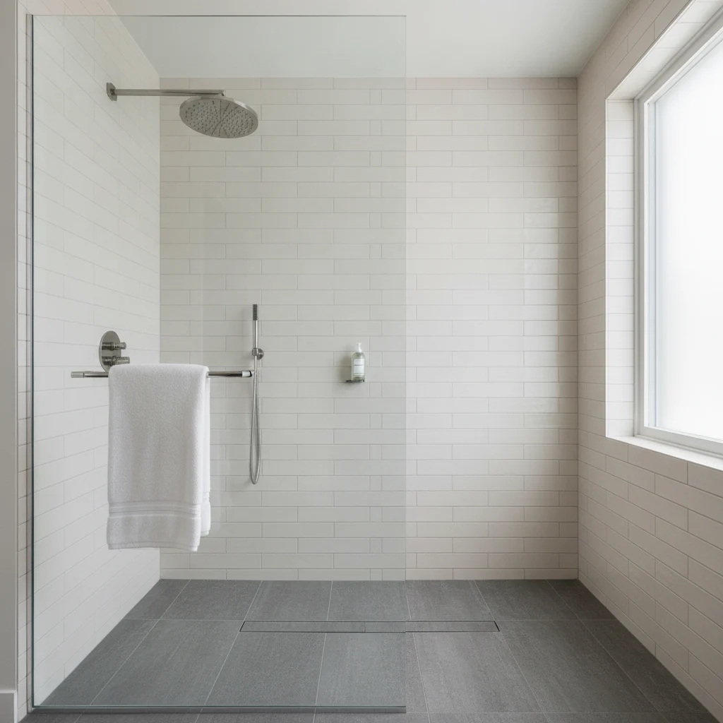 A luxurious, modern walk-in shower with clear frameless glass, rainfall showerhead, and sleek subway tiles in a light, neutral color palette. The floor is non-slip, dark grey tile. There are no bathtubs, no text, no watermarks, no low-lighting, no clutter, and no unhygienic surfaces. Bright and clean aesthetic.