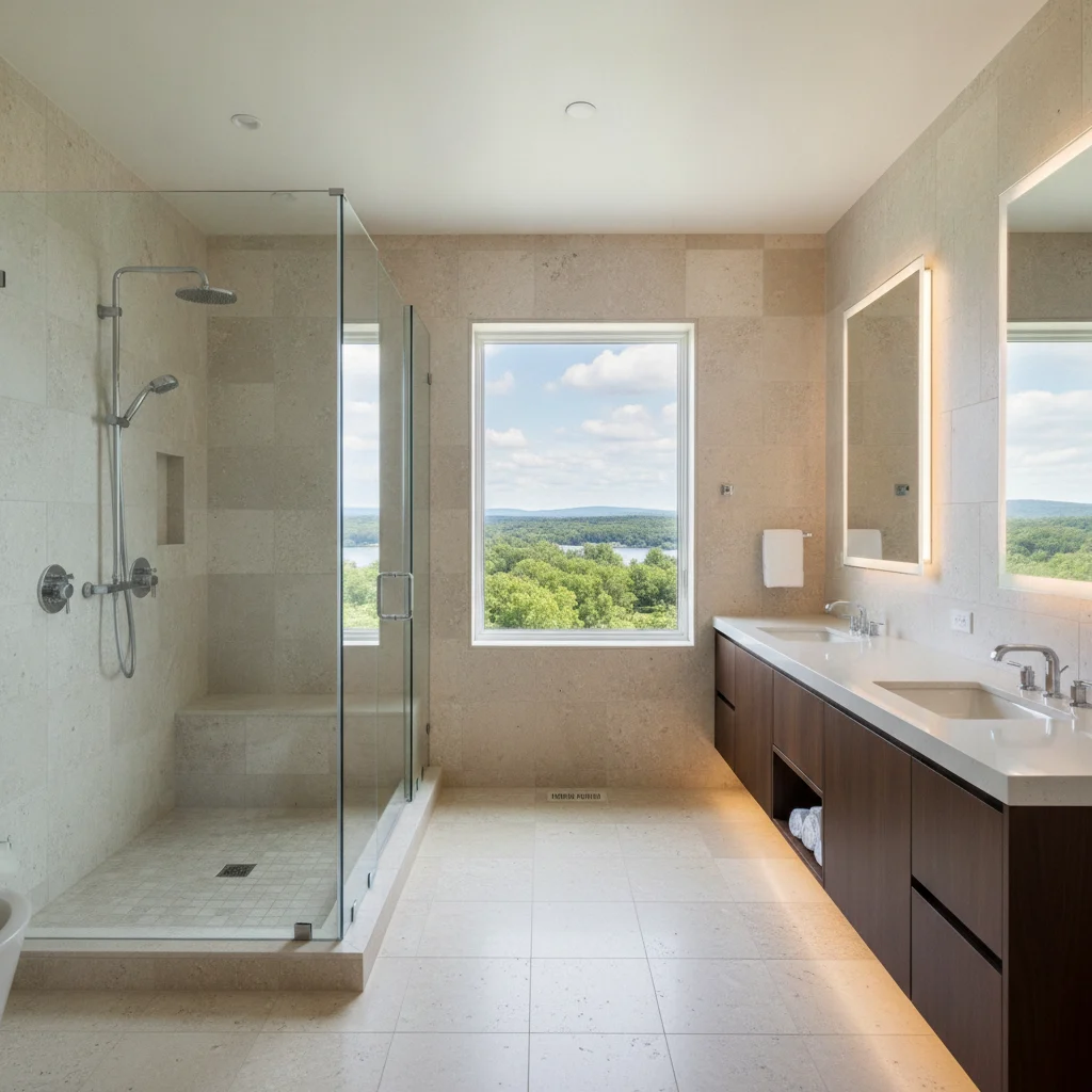 A luxurious, spacious modern bathroom in a Chappaqua executive home, featuring a large walk-in shower with multiple showerheads, a sleek double vanity with integrated lighting, natural stone tiles, and a large window overlooking a serene landscape. No freestanding tub, no text, no watermarks, no construction debris, not cramped.