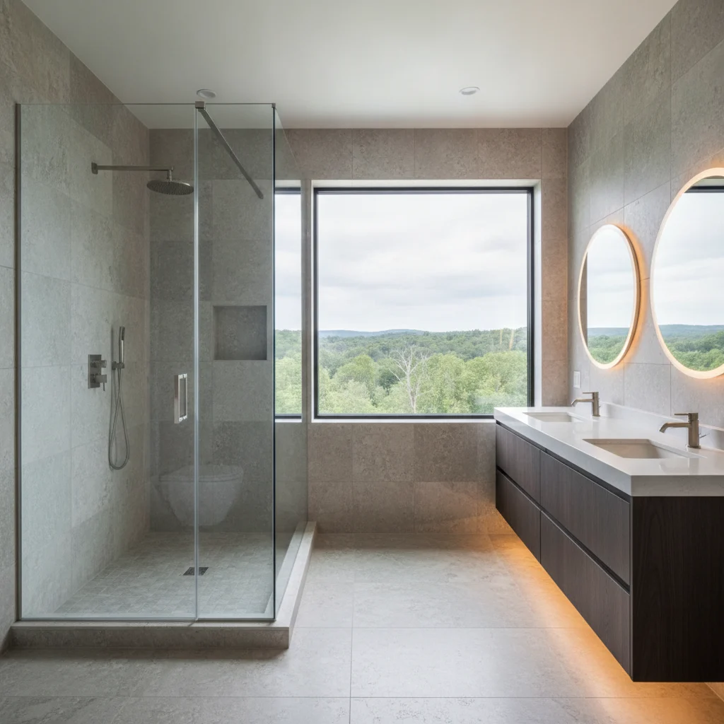 A luxurious, spacious modern bathroom in a Chappaqua executive home, featuring a large walk-in shower with multiple showerheads, a sleek double vanity with integrated lighting, natural stone tiles, and a large window overlooking a serene landscape. No freestanding tub, no text, no watermarks, no construction debris, not cramped.