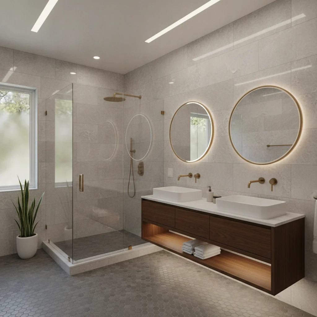A luxurious, modern bathroom in Greenwich, CT, featuring a walk-in shower with sleek glass, a floating vanity with a contemporary sink, elegant large-format tile walls, and sophisticated lighting. The overall feel is clean, high-end, and inviting, with no freestanding bathtubs or messy demolition visible.