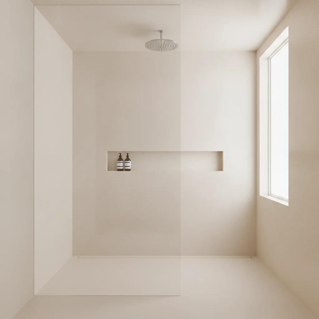 A modern, seamless, curbless walk-in shower with large format, light-colored solid surface panels, a sleek frameless glass enclosure, a rain showerhead, and a built-in niche. The space is bright and clean with no visible grout lines. Focus on the low-maintenance aspect. No text, no free-standing bathtubs, no watermarks, no dark corners, no dirty glass doors, no cheap fiberglass look.