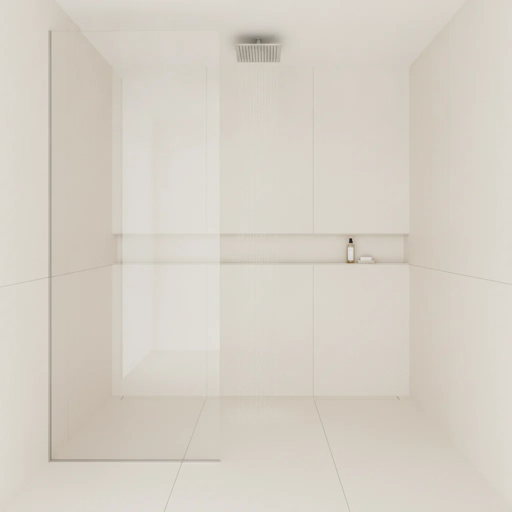 A modern, seamless, curbless walk-in shower with large format, light-colored solid surface panels, a sleek frameless glass enclosure, a rain showerhead, and a built-in niche. The space is bright and clean with no visible grout lines. Focus on the low-maintenance aspect. No text, no free-standing bathtubs, no watermarks, no dark corners, no dirty glass doors, no cheap fiberglass look.
