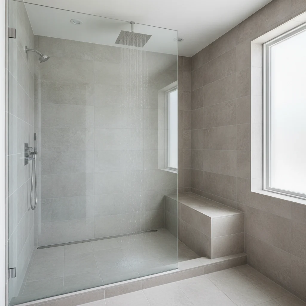Modern, spacious, accessible walk-in shower with clear frameless glass enclosure, zero-threshold entry, sleek rainfall showerhead, and integrated bench. Large format neutral-toned tiles on walls and floor. No text, no free-standing bathtubs, no watermarks, no cramped layouts, no high step thresholds, no outdated fixtures. Bright, clean, and contemporary design.